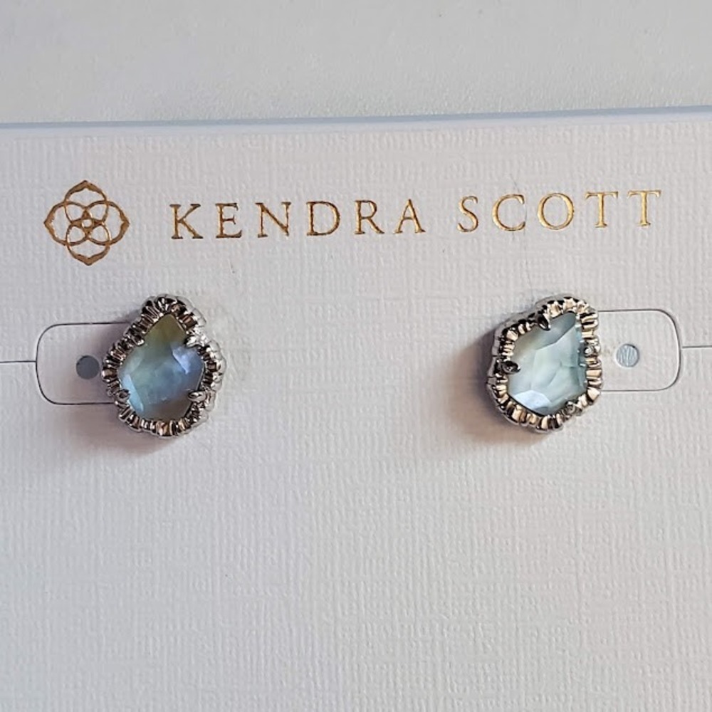 Kendra Scott Tessa Earrings Iridescent Blue Stones Rhodium Plate Dainty Gift